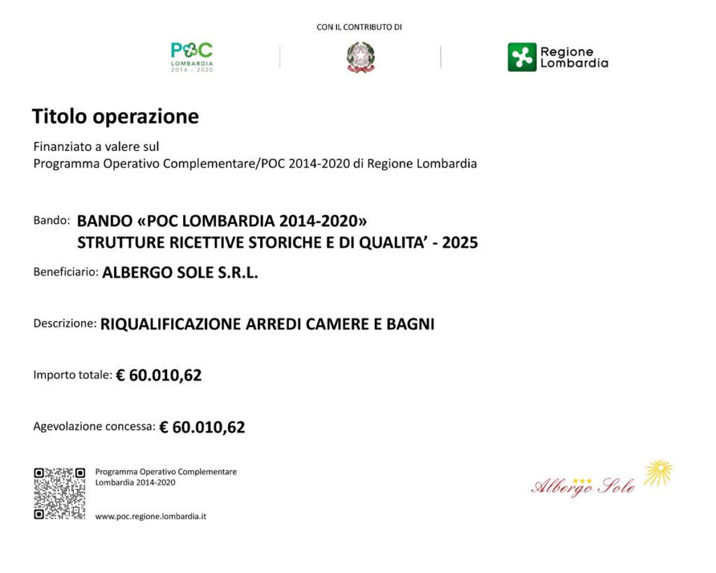 L'attestazione dei fondi ricevuti da Albergo Sole Srl per aver aderito al POC Lombardia 2014-2020